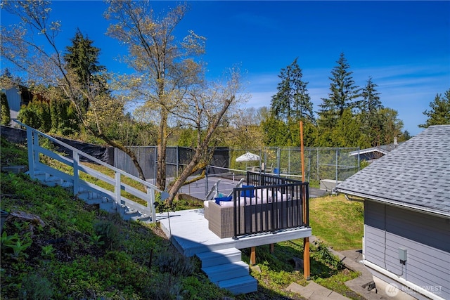 7501 Stinson Ave, Gig Harbor, WA 98335 - view of yard with fence, a wooden deck, and stairway