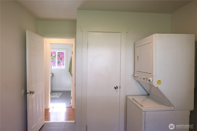 4182 Scatchet View Dr, Clinton, WA 98236 - washroom with laundry area and stacked washer and clothes dryer