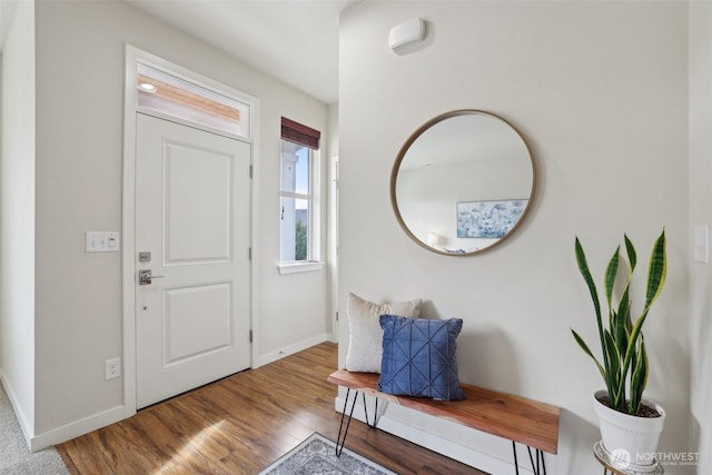 foyer with baseboards and wood finished floors