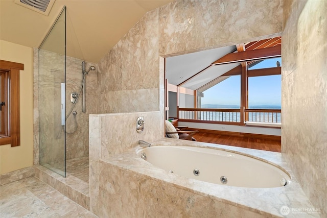 3103 Alki Ave SW, Seattle, WA 98116 - bathroom with a walk in shower, a water view, a tub with jets, and vaulted ceiling