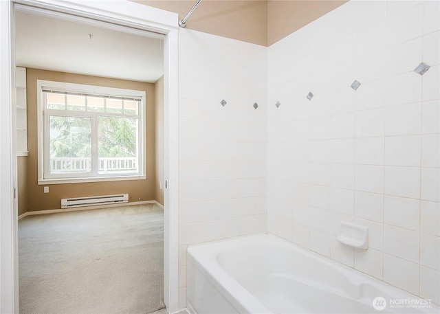 full bathroom with baseboard heating and shower / tub combination