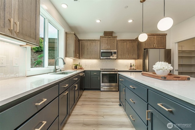 2302 S Royal Ct, Ridgefield, WA 98642 - kitchen with appliances with stainless steel finishes, a sink, decorative light fixtures, decorative backsplash, and light wood-style flooring