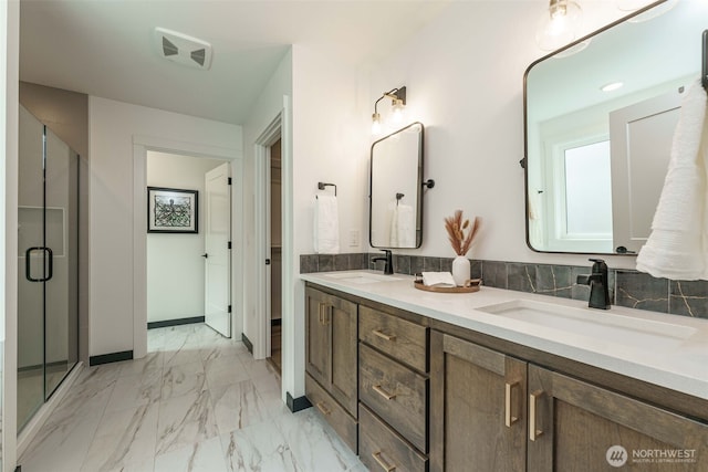 2302 S Royal Ct, Ridgefield, WA 98642 - full bathroom featuring marble finish floors, double vanity, and a shower stall