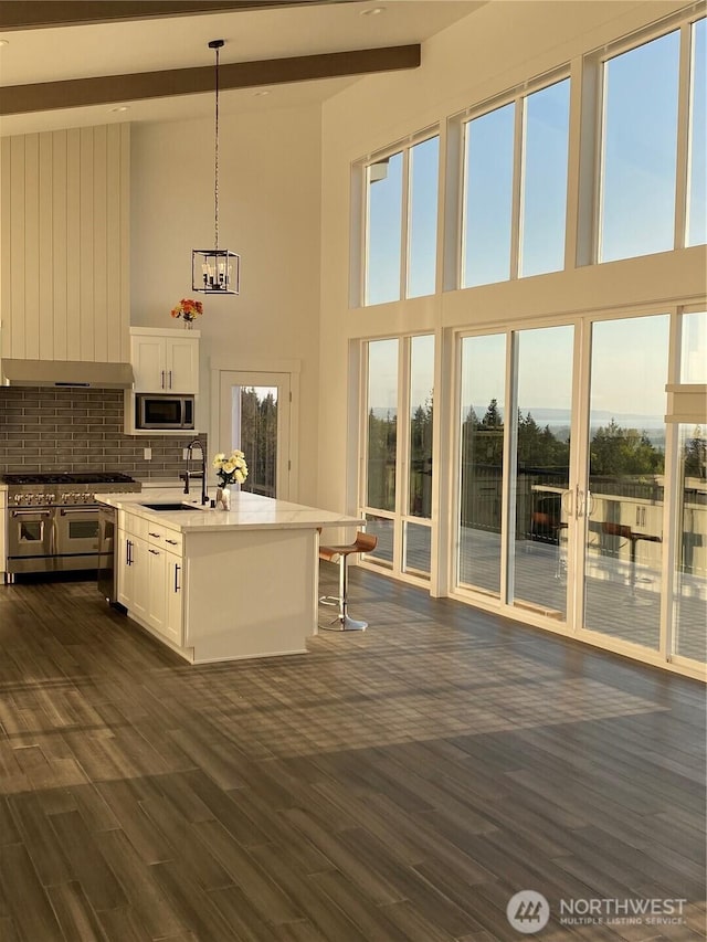 20555 Benson Ridge Ln, Mount Vernon, WA 98274 - kitchen featuring appliances with stainless steel finishes, a towering ceiling, backsplash, white cabinetry, and pendant lighting