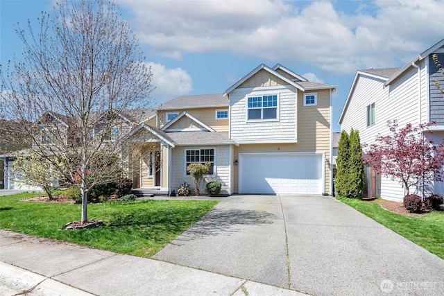 15504 82nd Ave E, Puyallup, WA 98375 - view of front of house with a shingled roof, an attached garage, board and batten siding, driveway, and a front yard