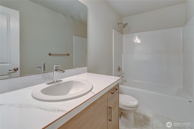 full bath featuring shower / washtub combination, vanity, and toilet