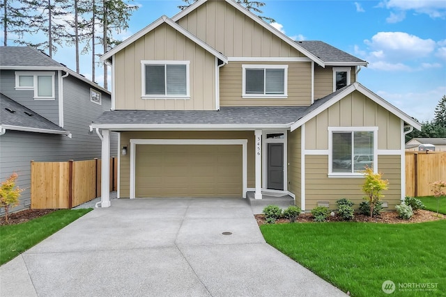 view of front of home with fence, concrete driveway, board and batten siding, an attached garage, and roof with shingles