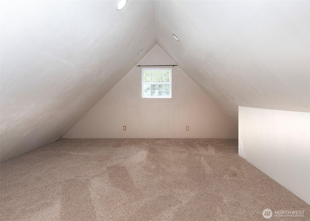 additional living space featuring vaulted ceiling and carpet