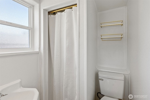bathroom featuring crown molding, toilet, and a shower with shower curtain
