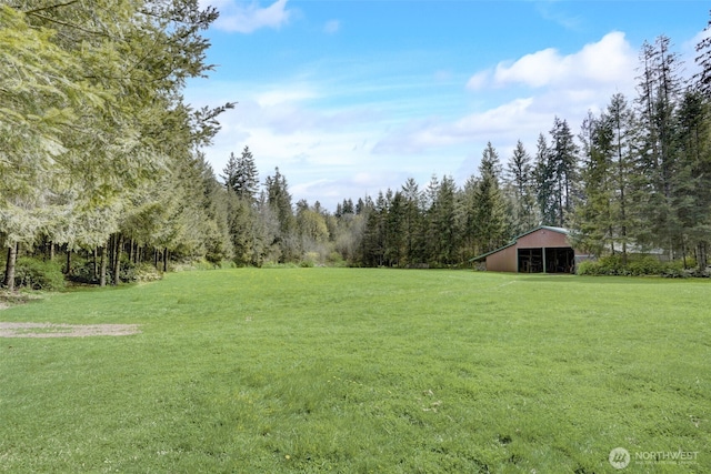 1319 Winlock Vader Rd Unit 19, Winlock, WA 98596 - view of green lawn with an outbuilding, an outdoor structure, and a forest view