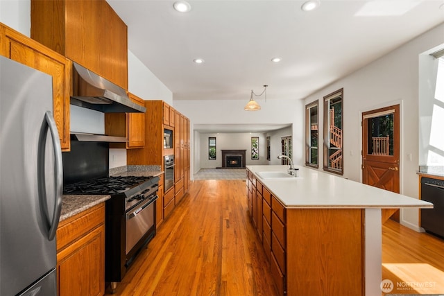 kitchen featuring under cabinet range hood, a sink, light wood-style floors, and appliances with stainless steel finishes