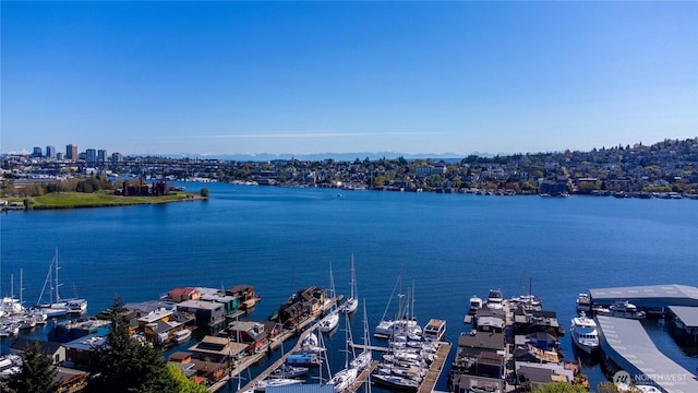 bird's eye view with a water view