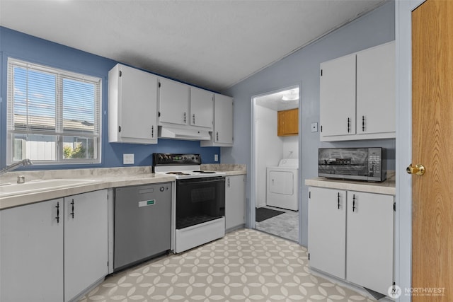 11519 21st Ave E Unit 84, Tacoma, WA 98445 - kitchen with a sink, stainless steel dishwasher, under cabinet range hood, range with electric stovetop, and washer / clothes dryer