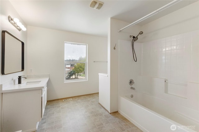 full bath with visible vents, baseboards, bathing tub / shower combination, and vanity