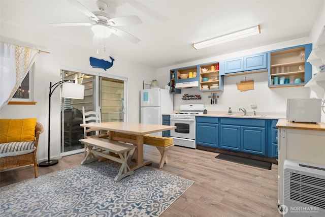 kitchen with open shelves, a sink, light wood-style floors, white appliances, and blue cabinetry