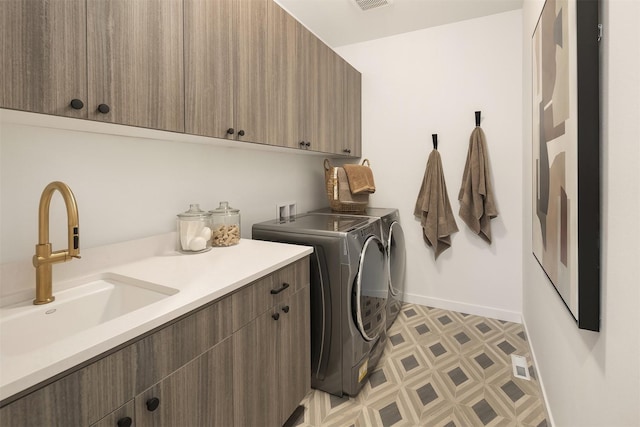 25525LOT1 204th Pl SE, Covington, WA 98042 - clothes washing area featuring a sink, separate washer and dryer, light floors, cabinet space, and baseboards