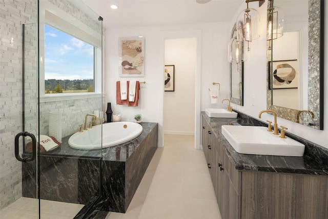 25525LOT1 204th Pl SE, Covington, WA 98042 - bathroom featuring a bath, a sink, a shower stall, and double vanity