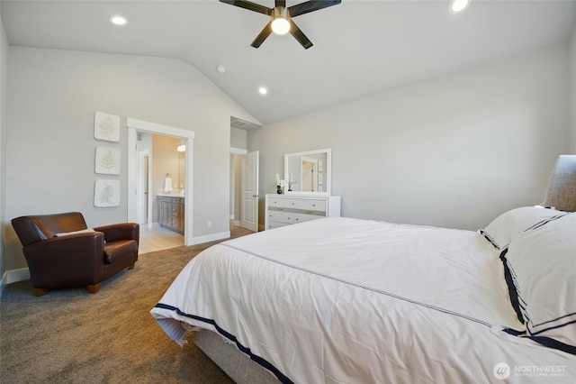 308 Chardonnay Ct, Walla Walla, WA 99362 - bedroom with baseboards, lofted ceiling, light carpet, and recessed lighting
