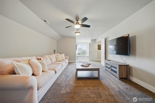 308 Chardonnay Ct, Walla Walla, WA 99362 - carpeted living area with visible vents, a ceiling fan, baseboards, and vaulted ceiling