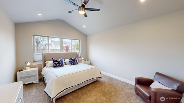 308 Chardonnay Ct, Walla Walla, WA 99362 - carpeted bedroom featuring vaulted ceiling, baseboards, recessed lighting, and ceiling fan