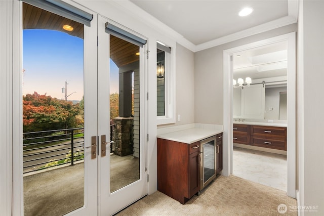 4229 95th Ave NE, Yarrow Point, WA 98004 - interior space with wine cooler, french doors, recessed lighting, and crown molding