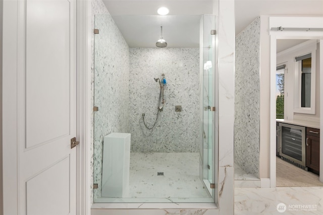 4229 95th Ave NE, Yarrow Point, WA 98004 - full bath featuring marble finish floor, beverage cooler, and a marble finish shower