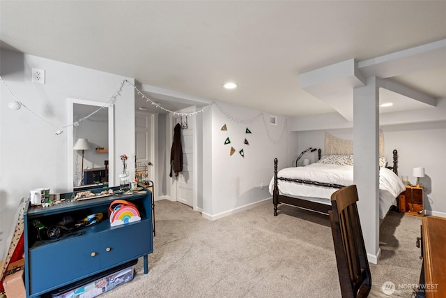 carpeted bedroom with baseboards, recessed lighting, and visible vents