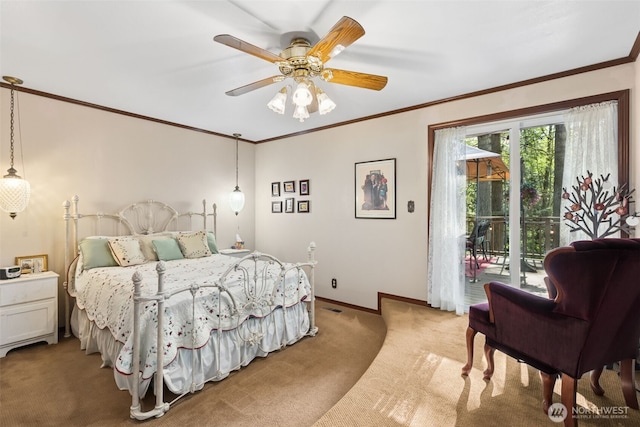 bedroom with baseboards, ornamental molding, carpet, and access to exterior