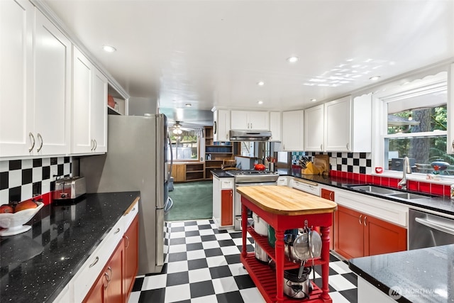 kitchen featuring under cabinet range hood, dark floors, tasteful backsplash, a sink, and appliances with stainless steel finishes