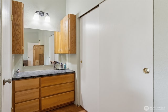 bathroom with vanity and wood finished floors
