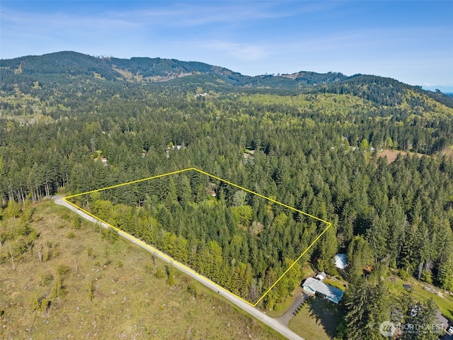 7212 Delphi Rd SW, Olympia, WA 98512 - aerial overview of property's location with a forest, a mountainous background, and property boundaries highlighted