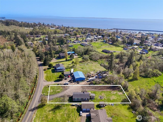 aerial view with a water view and a residential view