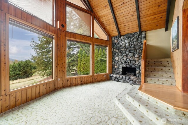unfurnished living room with healthy amount of natural light, wooden walls, wooden ceiling, a fireplace, and carpet floors