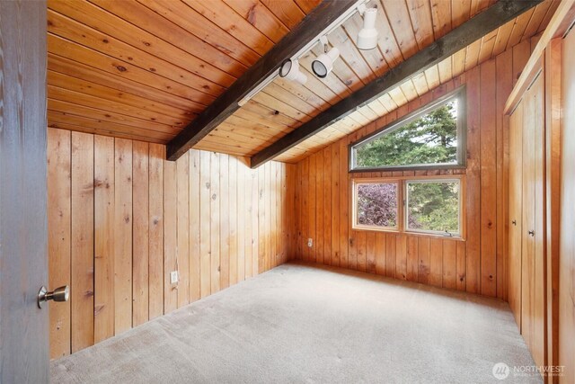 additional living space featuring wood ceiling, carpet floors, wooden walls, and beam ceiling