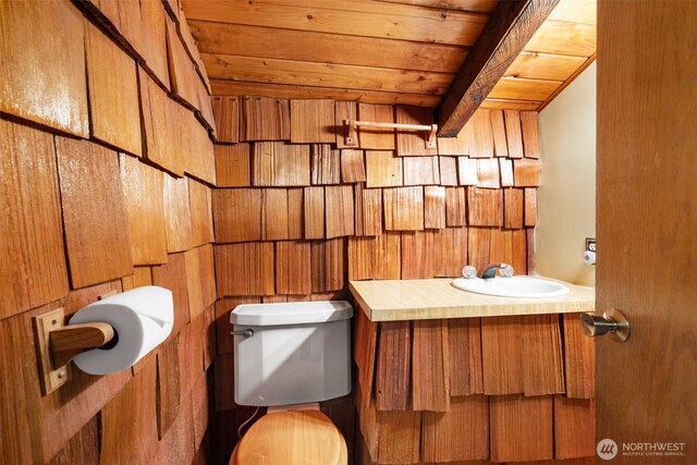 half bath featuring toilet, wooden ceiling, vanity, and wood walls