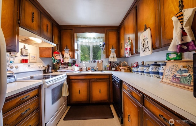 kitchen featuring white electric range oven, under cabinet range hood, a sink, light countertops, and dishwasher