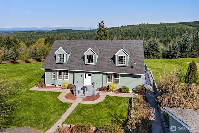 160 Scenic Ridge Dr, Chehalis, WA 98532 - cape cod home with a forest view, a front lawn, and fence