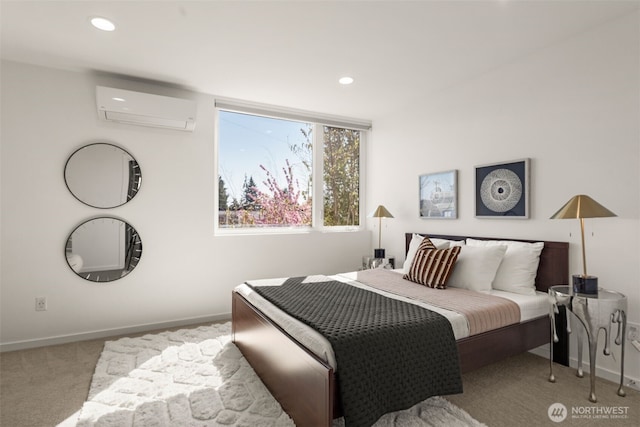 carpeted bedroom featuring recessed lighting, a wall mounted air conditioner, and baseboards