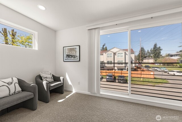 sitting room with carpet flooring and recessed lighting