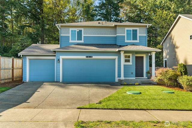 view of front of house with concrete driveway, fence, a front yard, a garage, and roof with shingles