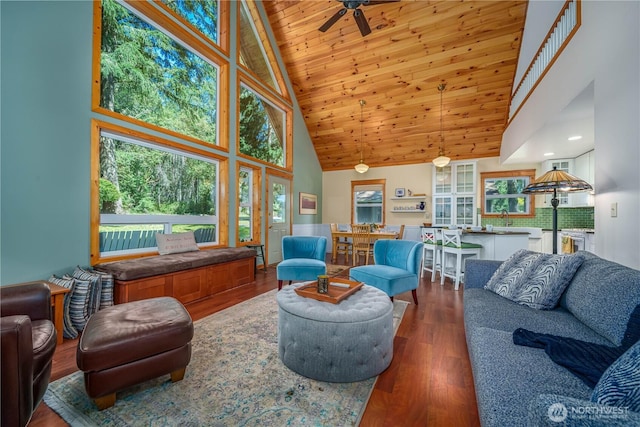 12916 91st Street Ct, Anderson Island, WA 98303 - living area featuring wood finished floors, wooden ceiling, beamed ceiling, high vaulted ceiling, and ceiling fan