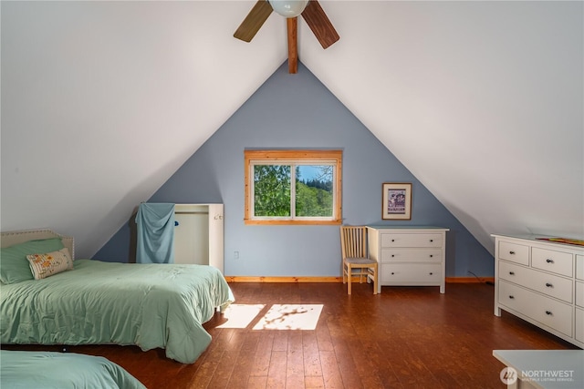 12916 91st Street Ct, Anderson Island, WA 98303 - bedroom featuring lofted ceiling with beams, baseboards, ceiling fan, and wood-type flooring