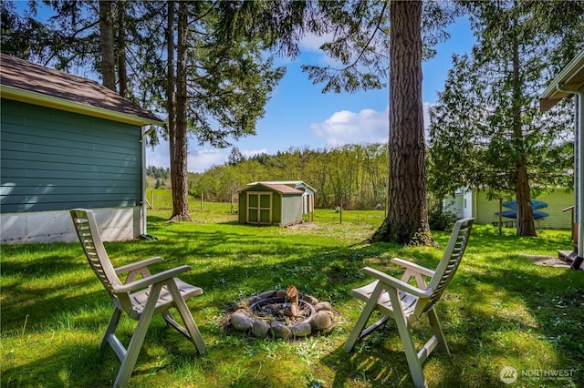 12916 91st Street Ct, Anderson Island, WA 98303 - view of yard featuring a fire pit, a storage shed, and an outbuilding