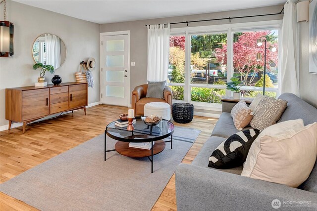 living area featuring baseboards and wood finished floors