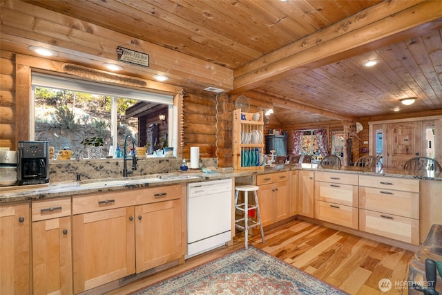 kitchen with light brown cabinets, a sink, dishwasher, wood ceiling, and log walls