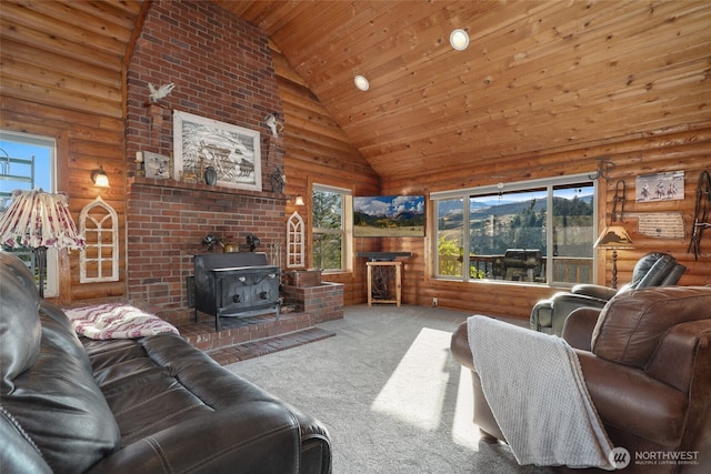 living room with rustic walls, a wood stove, wooden ceiling, carpet flooring, and high vaulted ceiling