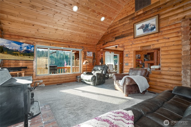 living area with high vaulted ceiling, carpet floors, a wood stove, wooden ceiling, and log walls