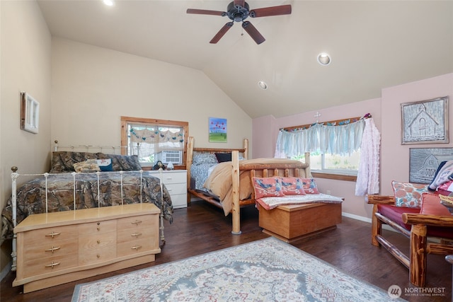 bedroom featuring lofted ceiling, recessed lighting, and dark wood-style flooring