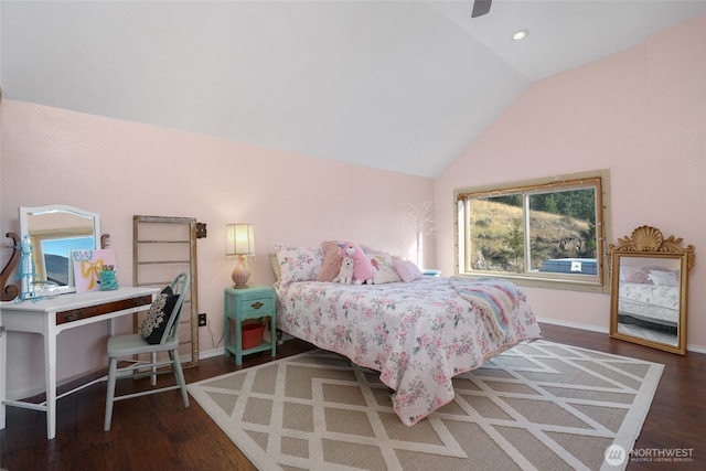 bedroom with recessed lighting, lofted ceiling, wood finished floors, and baseboards