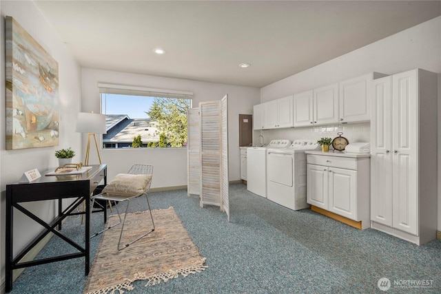 5201 Hyada Blvd NE, Tacoma, WA 98422 - washroom featuring washing machine and clothes dryer, carpet flooring, baseboards, recessed lighting, and cabinet space